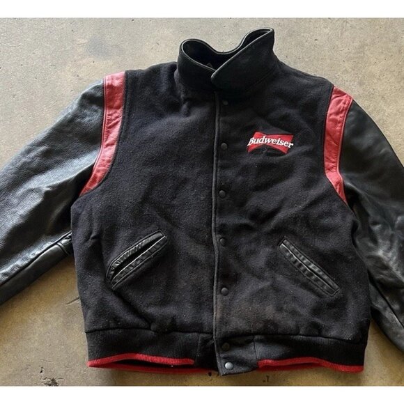 Vintage Dehen Men’s Black Red Wool Budweiser Leather Bomber Jacket Sz XL 1998 - Picture 2 of 16